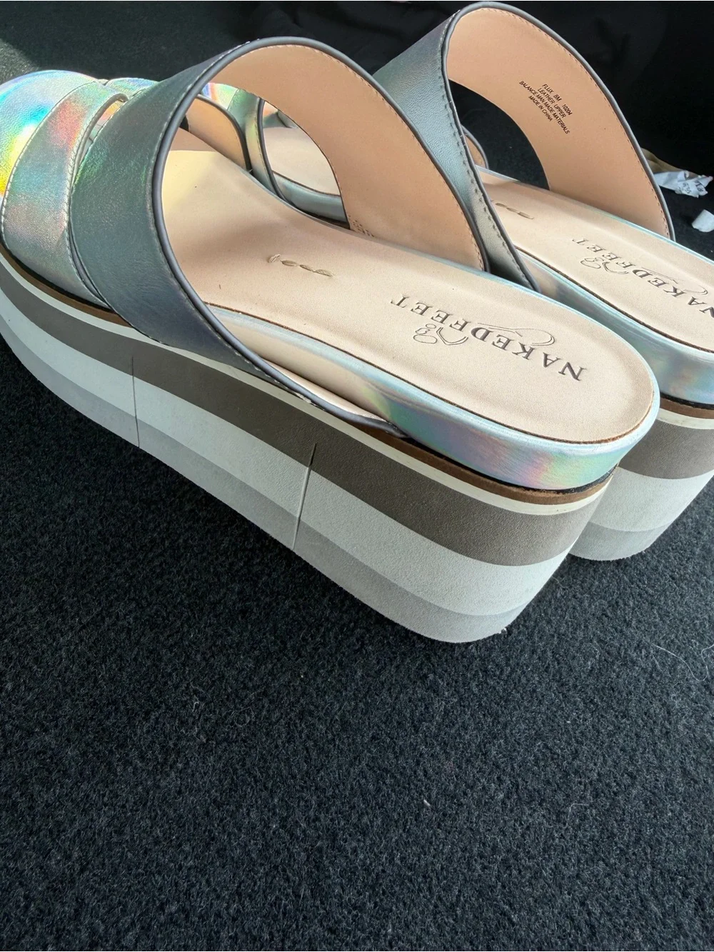 Naked Feet Iridescent Platform Slide Sandal - Silver Size 8